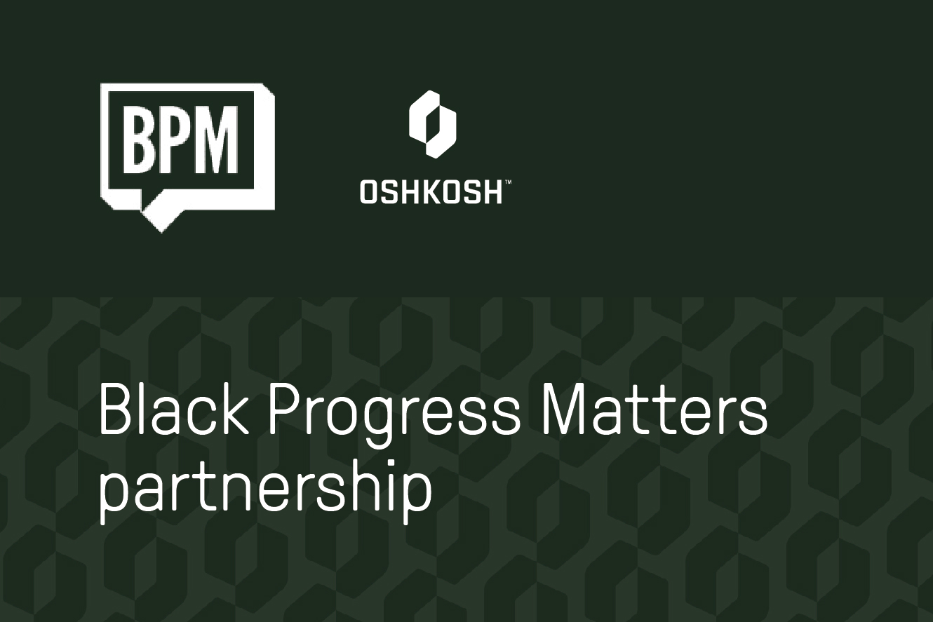 Black Partner Matters partnership graphic with green background, Oshkosh Corporation logo and BPM logo